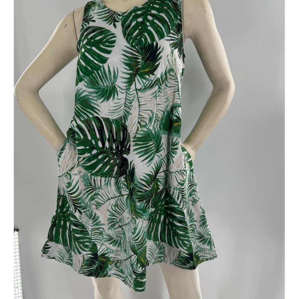 Tahari Linen Dress  Green White‎ Botanical Shift Pockets Tropical Women's Small